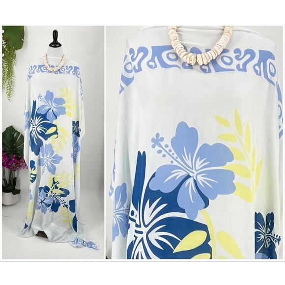 White Blue Yellow Tropical Hibiscus MAXI SARONG Kīkepa Pareo Beach Wrap Skirt - Picture 1 of 4